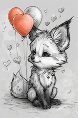 Wall Mural - A drawing of a fox with a heart shaped balloon