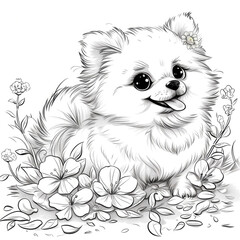 Wall Mural - A drawing of a small dog sitting in a field of flowers