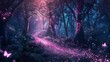 Fantasy illustration of magical fairy tale forest with pink fireflies
