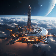 A Futuristic Space Station Orbiting A Distant Planet