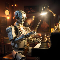 Sticker - A robot playing a musical instrument in a jazz club