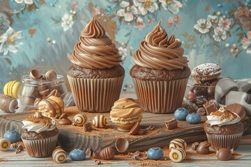 A table with a variety of desserts, including cupcakes and pastries