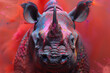 A close-up view of a rhinos face against a vibrant red backdrop