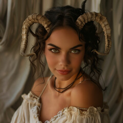 portrait of a woman with horns, fashion, make up