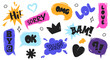 © Tanya - Set of hand drawn groovy speech bubble stickers. Comic balloon chat messages in grunge style, dialogue cloud print. Cartoon conversation emotional sounds. Trendy and retro font lettering
