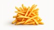 Neatly arranged stack of French fries creating a textured look on a plain white background