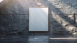 A single, monumental mockup art frame on a textured slate grey wall, bathed in the glow of a skylight. 