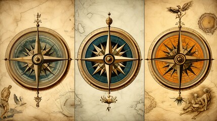 Three detailed compass designs with mythological creature motifs on antique-style map background
