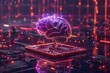 Big data and artificial intelligence concept. Human brain glowing from processor, symbolizing the fusion of human intelligence and machine learning capabilities. Evolution of technology of data.