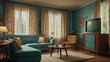 © Marino Bocelli - vintage American living room in the 60s style in pastel colors with television and sofa