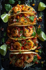 Wall Mural - Delicious shrimp tacos with lime and pico de gallo.