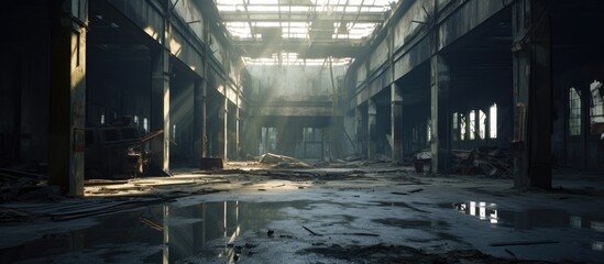 Poster - There is a considerable amount of water on the flooring of the building, possibly due to an event or engineering issue in the city