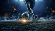 Close-up of an athlete Kicking Football Ball. Professional Soccer Player Hits Ball with Fierce Power and Scores Goal, Grass Flying. Beautiful Cinematic Low Angle Ground Artistic Shot
