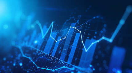 abstract glowing big data forex candlestick chart on blurry city backdrop. trade, technology, invest
