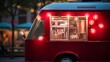 Close-up of a red food truck's interior illuminated by stylish, bright lights during the evening in an urban district