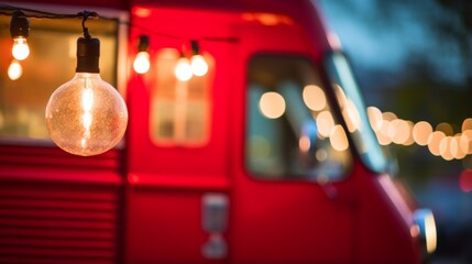 Dreamy bokeh effect created by close-up of a light bulb against a red food truck backdrop in the dusky evening