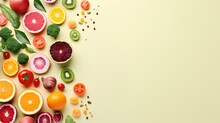 Gradient effect displayed by an array of fruits and vegetables on a yellow background