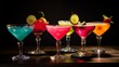A sophisticated lineup of various cocktails against a subdued backdrop creates an intimate atmosphere