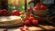 Warm sunlight enhances the vibrant colors of tomatoes, chili peppers, and flatbreads, inviting a feel of rustic cooking