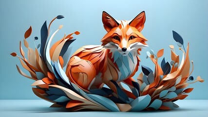 Wall Mural - With its sleek, minimalistic design and vibrant, organic colors, the fox seems to almost blend into the light blue background, its 3D rendering adding a sense of depth and life to this abstract creati