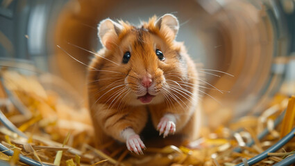 A hamster energetically running on its wheel, depicting motion and the pets playful nature in a well-lit, cheerful environment