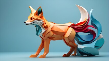 fox in the wild, a fox, minimalistic colorful organic forms, energy, assembled, layered, depth, alive vibrant, 3D, abstract, on a light blue background 