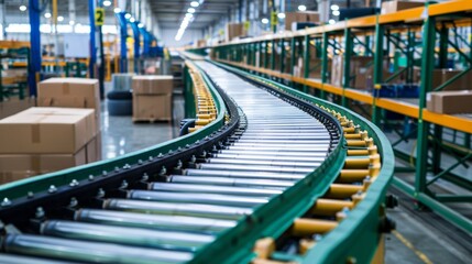 Wall Mural - A conveyor belt in a warehouse with boxes on it, AI