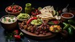 A rustic wooden platter filled with traditional Mexican favorites such as guacamole, salsa, and shredded meat