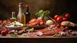 © Major - Authentic Mediterranean cuisine with olive oil, tomatoes, cheese, and cured meats arranged thoughtfully on a rustic wooden table