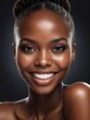 Bright black background Portrait of a black african smiling beautiful woman with smooth clean face fresh glowing skin spa youth skin care ad concept from Generative AI
