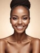Bright Beige background Portrait of black african smiling beautiful woman with smooth clean face glowing skin youth skin care ad concept from Generative AI