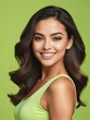 Bright Forest light Green background Portrait of hispanic mexican smiling beautiful woman with smooth clean face glowing skin youth skin care ad concept from Generative AI