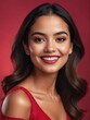 Bright Red background Portrait of hispanic smiling beautiful woman with smooth clean face glowing skin youth skin care ad concept from Generative AI