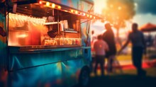 An Inviting Food Truck With Open Windows Serving Customers In An Outdoor Setting At Sunset, Emitting A Cozy, Golden Glow