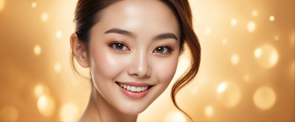 Bright Gold background Portrait of asian smiling beautiful woman with smooth clean face glowing skin youth skin care ad concept from Generative AI