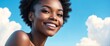 Bright Sky Blue background Portrait of black african smiling beautiful woman with smooth clean face glowing skin youth skin care ad concept from Generative AI