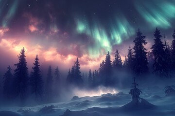 Wall Mural - northern lights above snow trees. winter landscape with mountains and forest. aurora borealis with s