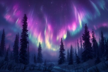 Wall Mural - northern lights above snow trees. winter landscape with mountains and forest. aurora borealis with s