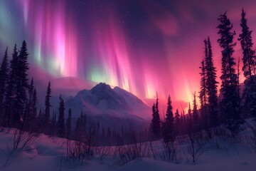 Wall Mural - northern lights above snow trees. winter landscape with mountains and forest. aurora borealis with s