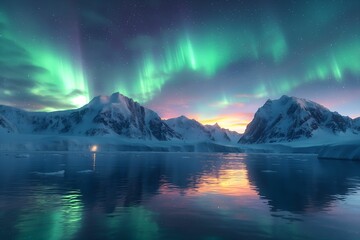Wall Mural - northern lights and winter landscape with mountains and forest. aurora borealis with starry in the n