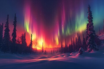Wall Mural - northern lights above snow trees. winter landscape with mountains and forest. aurora borealis with s