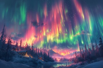 Wall Mural - northern lights above snow trees. winter landscape with mountains and forest. aurora borealis with s