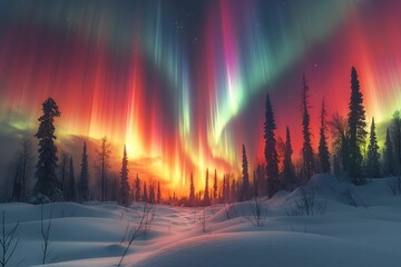 Wall Mural - northern lights above snow trees. winter landscape with mountains and forest. aurora borealis with s