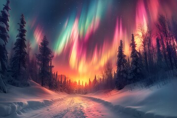 Wall Mural - northern lights above snow trees. winter landscape with mountains and forest. aurora borealis with s
