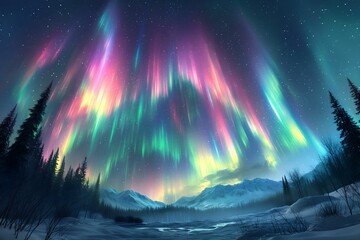 Wall Mural - northern lights above snow trees. winter landscape with mountains and forest. aurora borealis with s