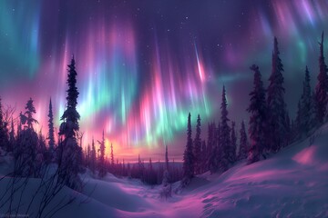Wall Mural - northern lights above snow trees. winter landscape with mountains and forest. aurora borealis with s