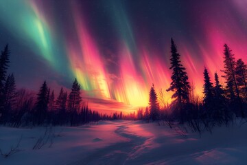 Wall Mural - northern lights above snow trees. winter landscape with mountains and forest. aurora borealis with s