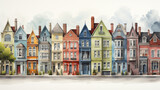 Fototapeta Fototapeta uliczki - A watercolor illustration depicts a historic neighborhood with colorful facades, narrow streets, and architectural details of bygone eras.