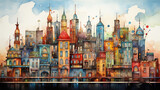Fototapeta Uliczki - A watercolor illustration depicts a historic neighborhood with colorful facades, narrow streets, and architectural details of bygone eras.