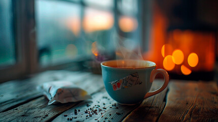 Wall Mural - hot cup of tea on a wooden table in the morning sunlight